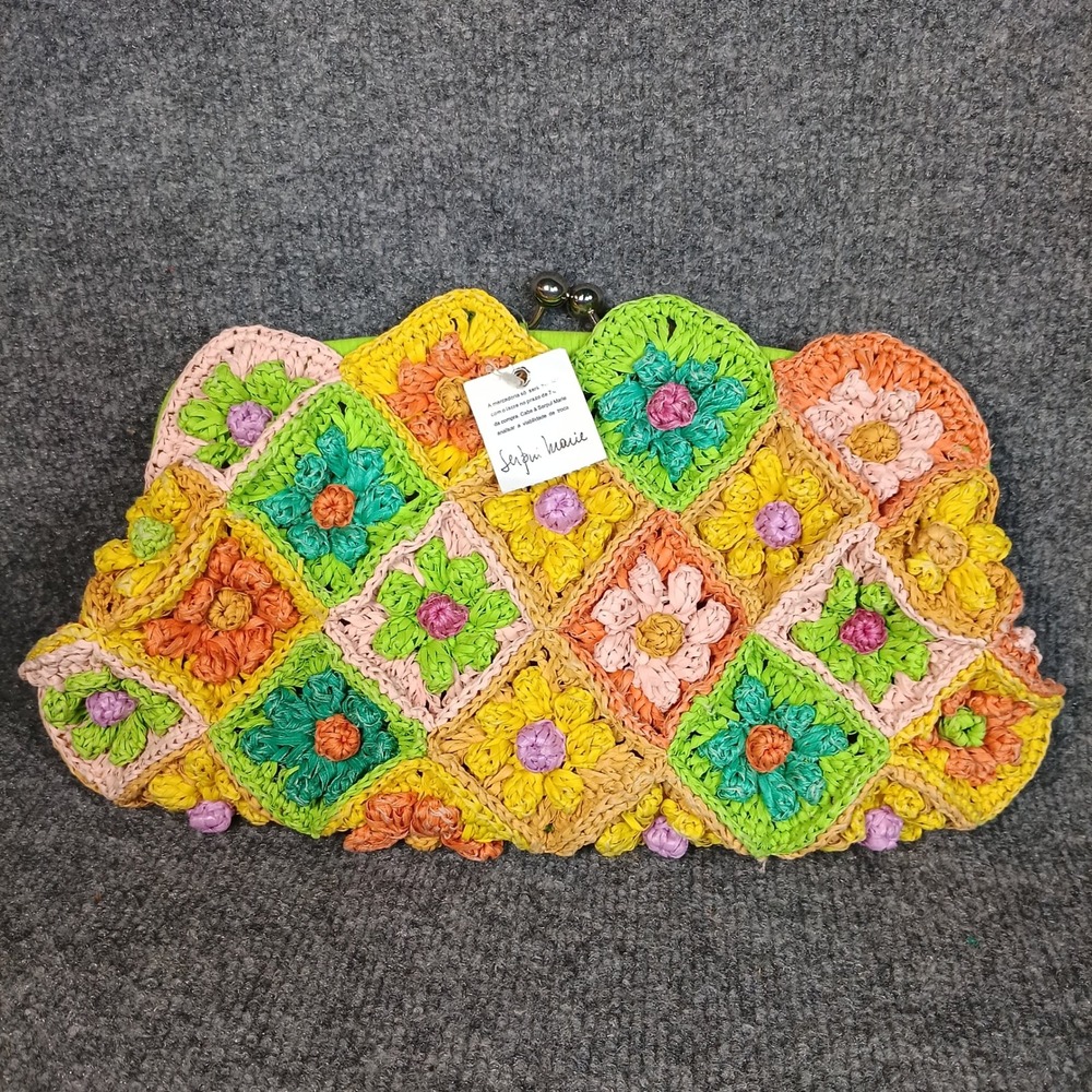 Serpui Marie Clutch Purse Multicolor Raffia Crochet Floral Granny Square Cottage